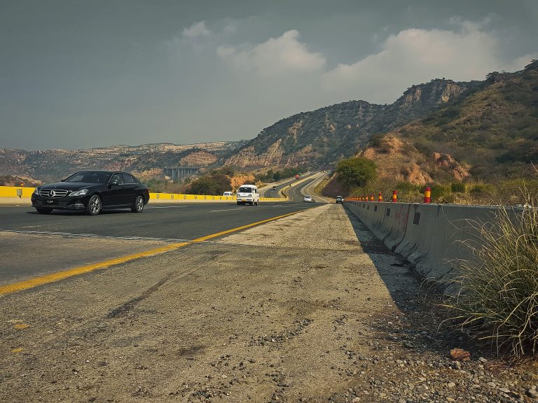 The M-2 motorway curving through the Salt Range hills in Punjab