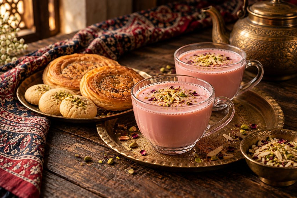 Kashmiri Chai: styled serving suggestion (illustration)