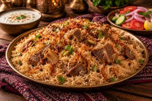 Yakhni Pulao: styled serving suggestion (illustration)